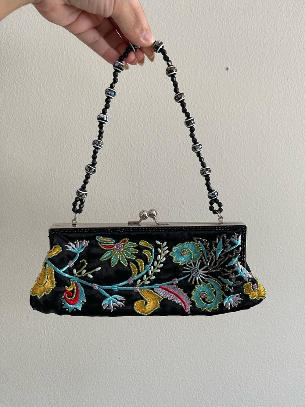 Chateau Black Satin Floral Embroidered Beaded-Handle Clutch